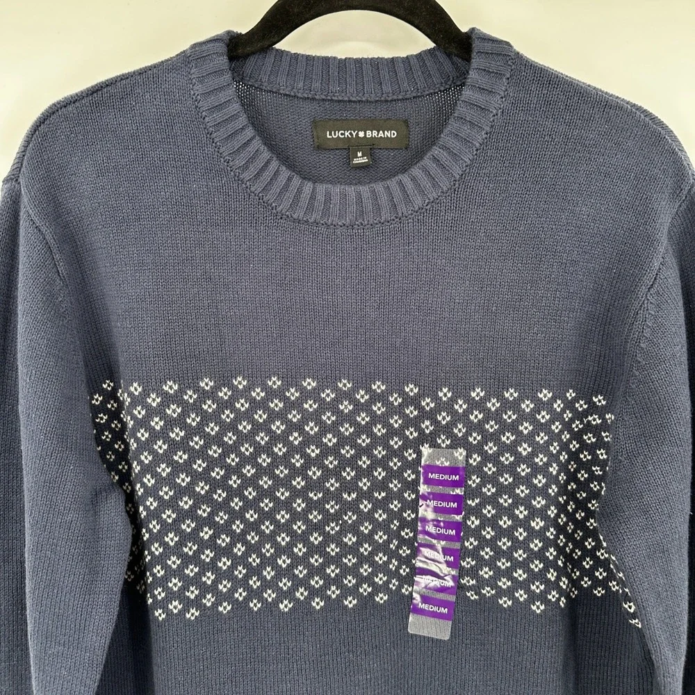 Lucky Brand Navy Blue Geometric Pattern Crew Neck‎ Sweater Classic Men's Medium